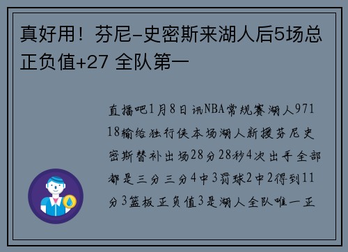 真好用！芬尼-史密斯来湖人后5场总正负值+27 全队第一