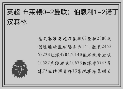英超 布莱顿0-2曼联；伯恩利1-2诺丁汉森林